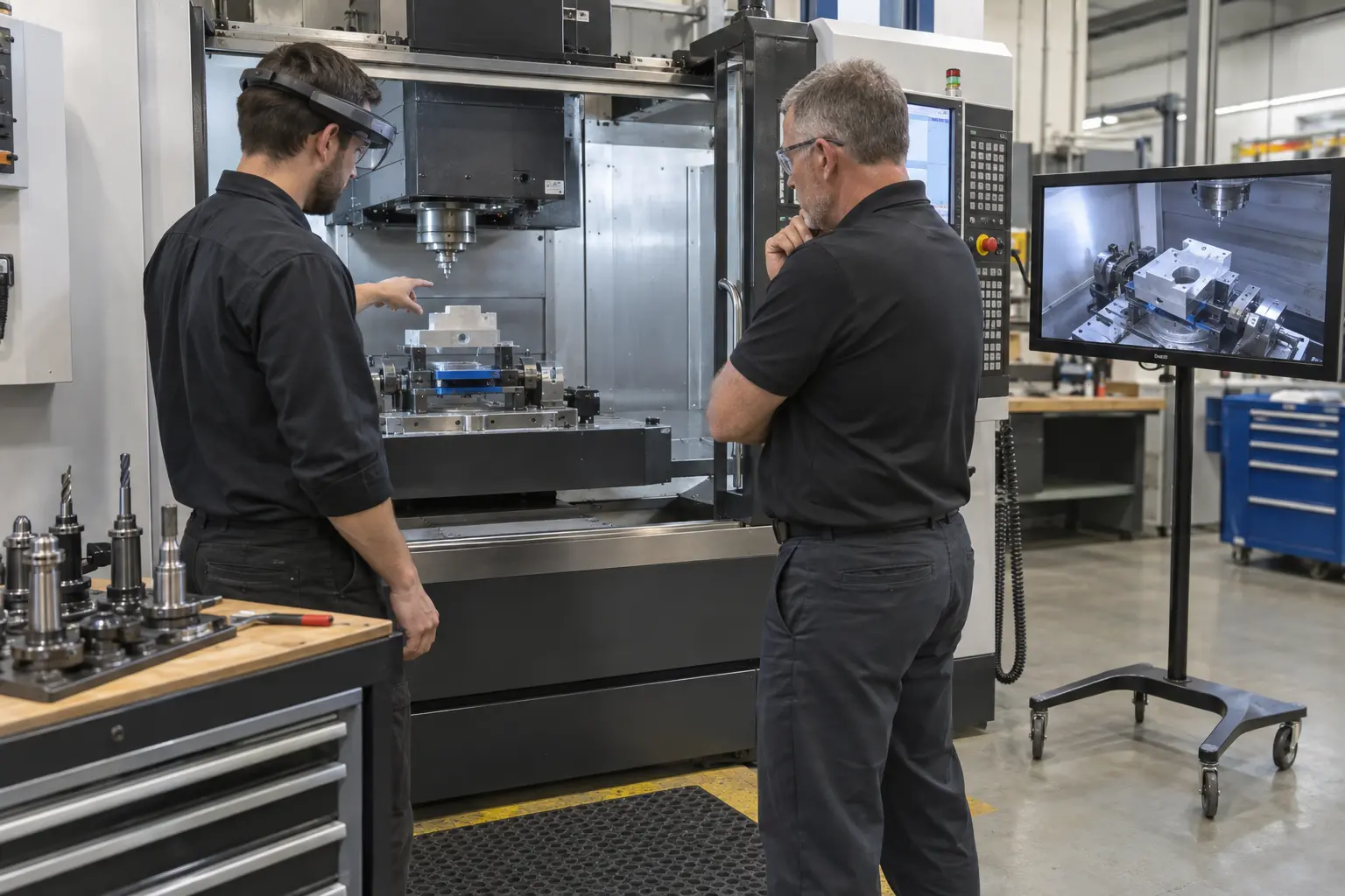 Worker completing an augmented reality skills assessment at a CNC machine while a supervisor observes