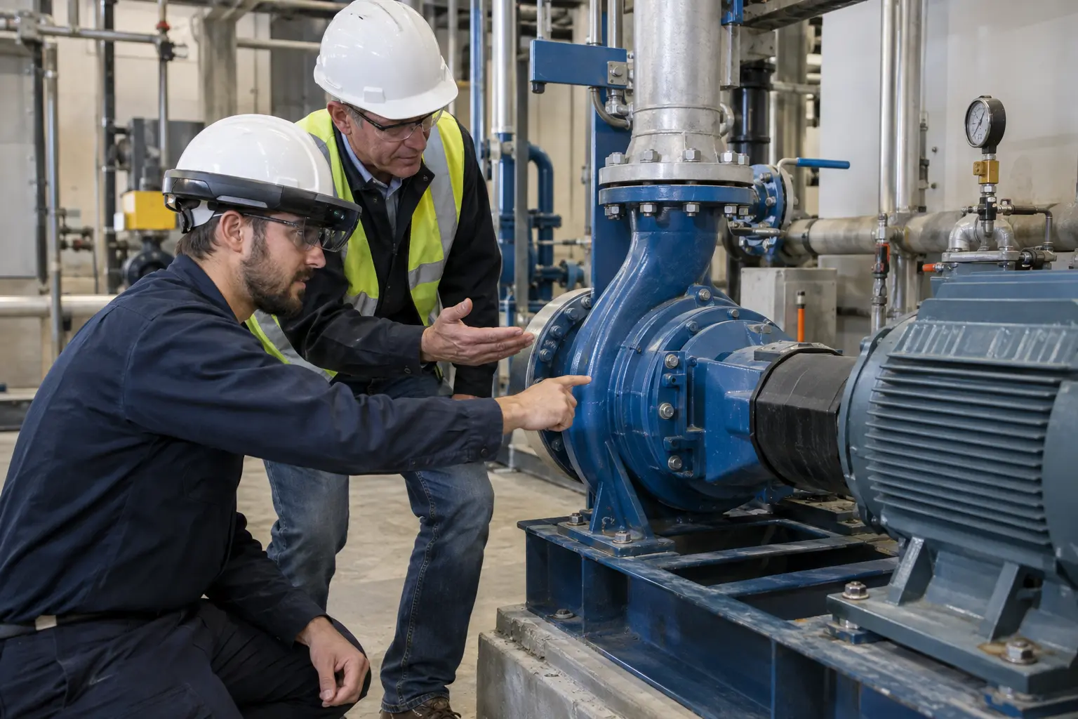 Technician using augmented reality guidance while working on industrial pump equipment