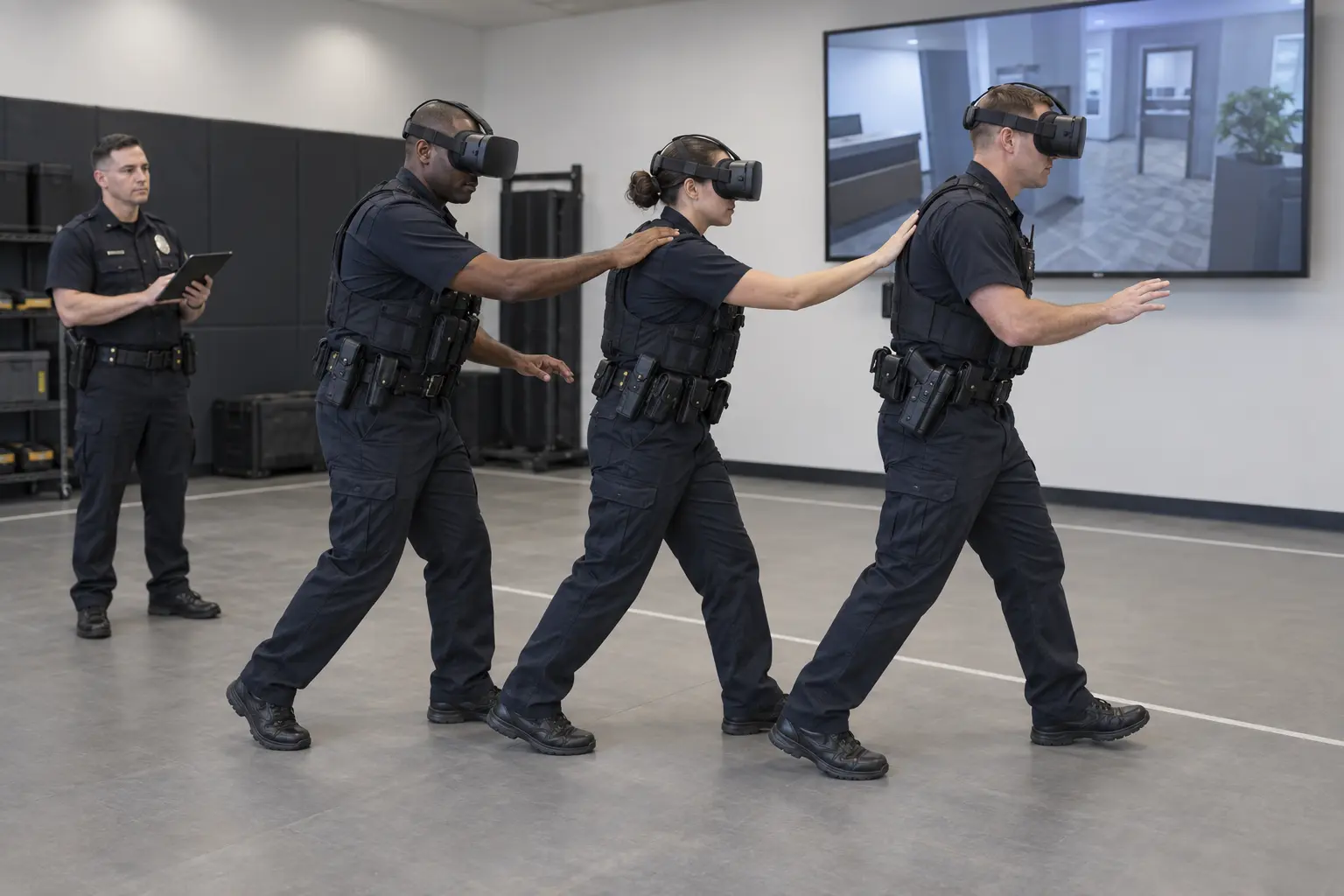 Uniformed police officers moving as a team during supervised VR training
