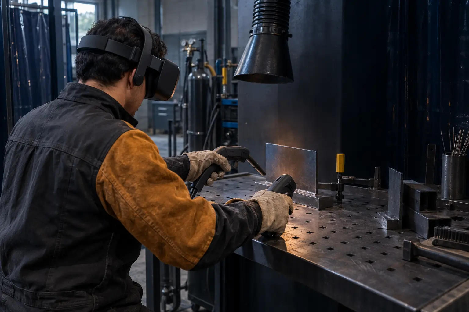 Conceptual view of a learner using immersive welding training
